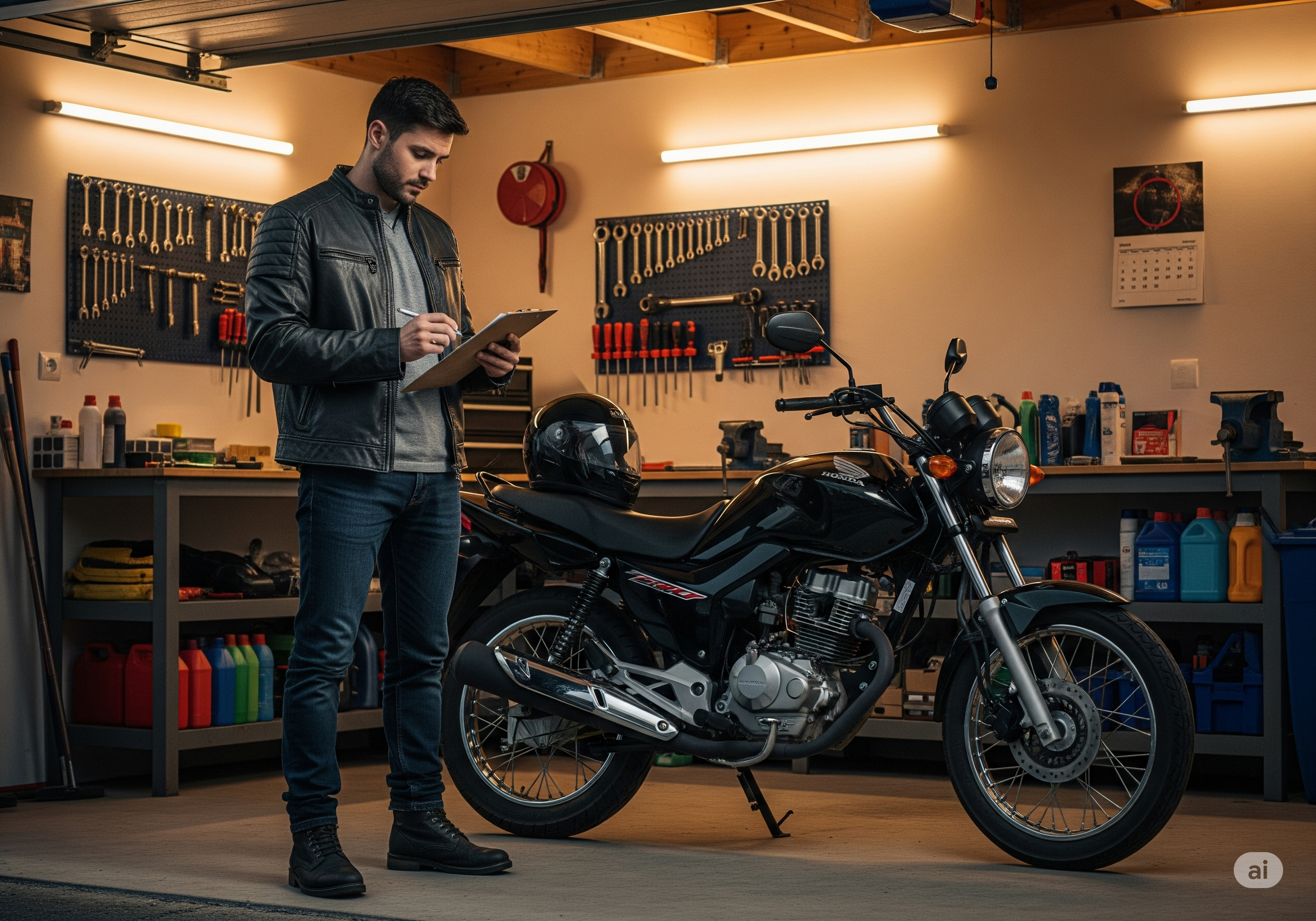 Motociclista fazendo checklist na moto antes de viajar