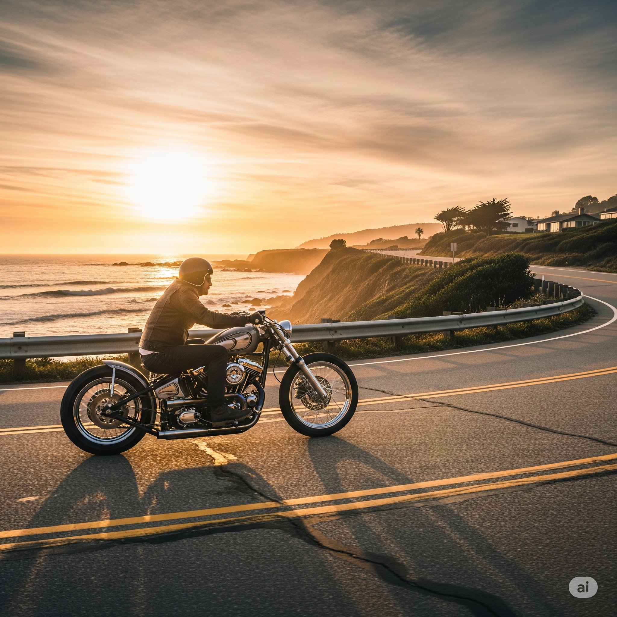 Homem pilotando uma moto bonita na estrada ao pôr do sol