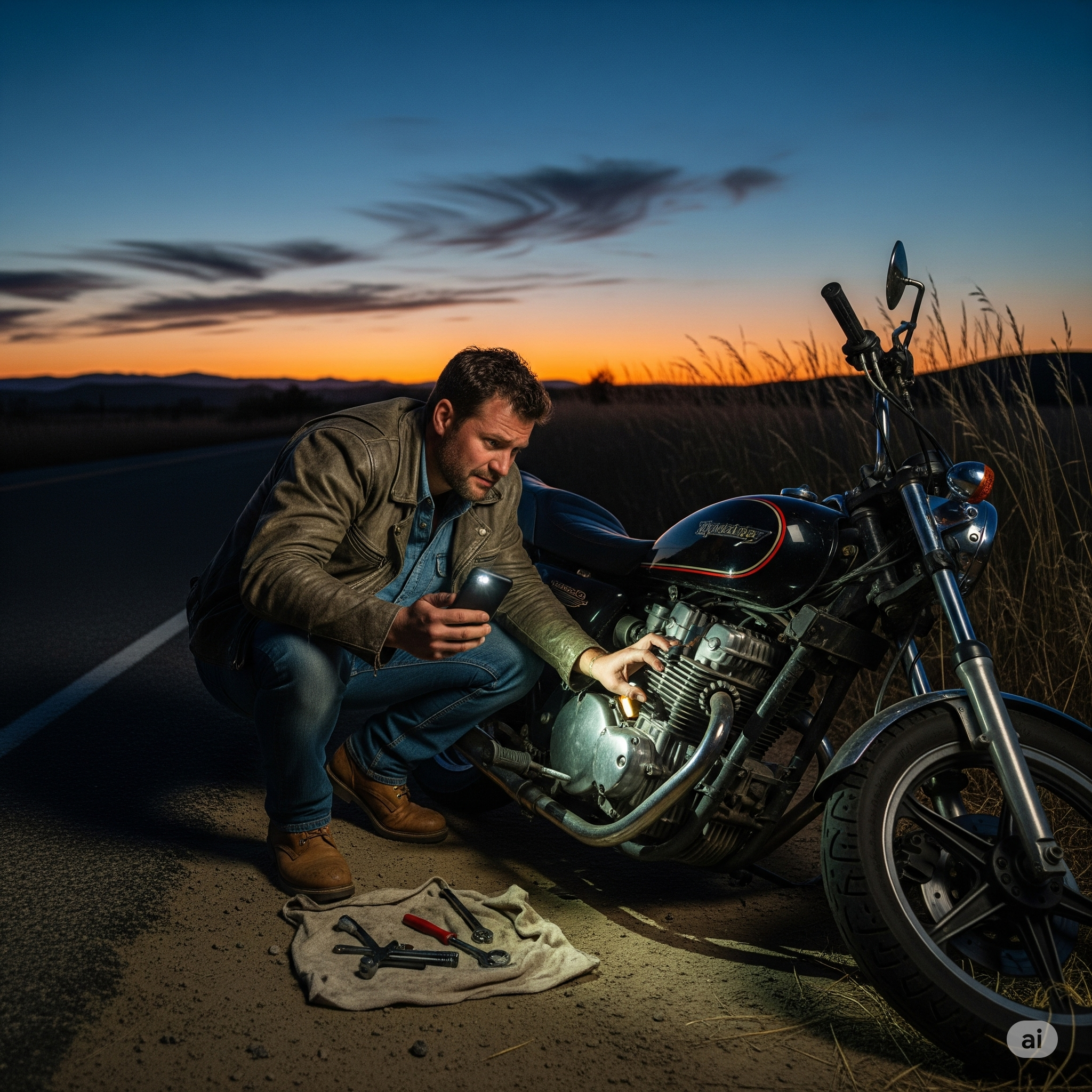 Homem tentando ligar a moto que não funciona
