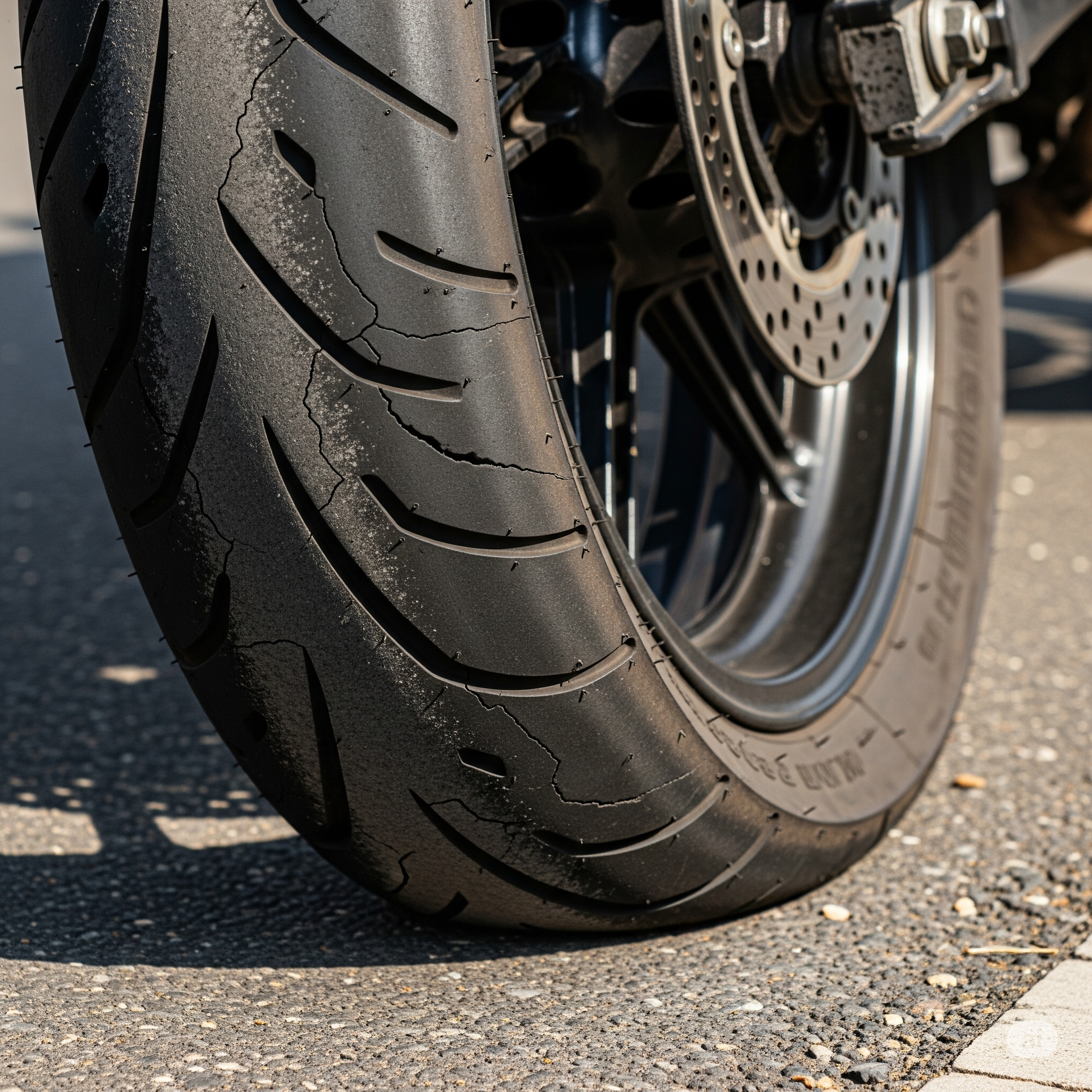 Pneu de moto murcho e furado no asfalto