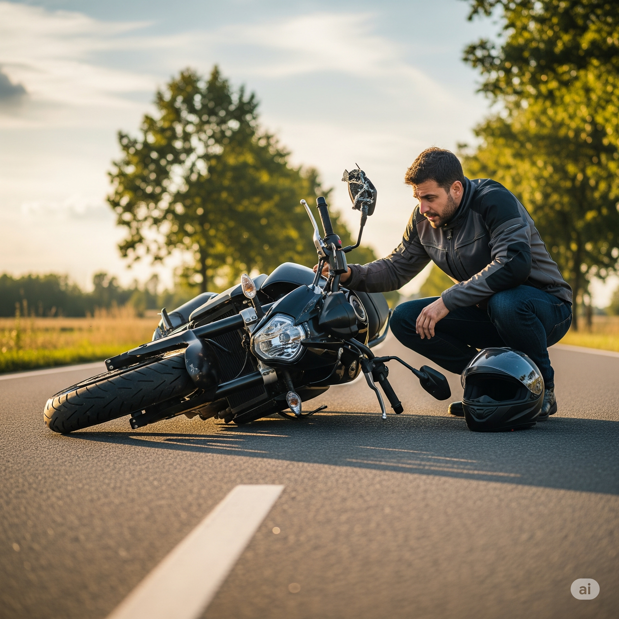 Motociclista inspecionando a moto após uma queda leve